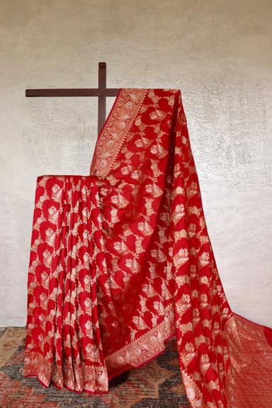 Classic Red handloom Banarsi saree with jangla motifs in pure silk