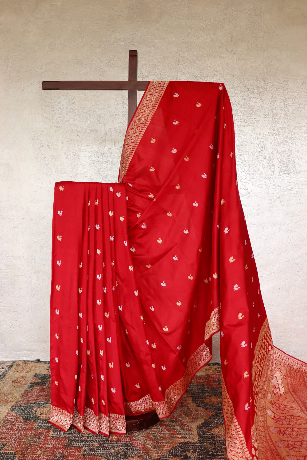 Red handloom Banarsi saree with peacock motifs in pure silk