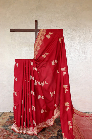 Deep Red handloom Banarsi saree with butterfly motifs in pure silk