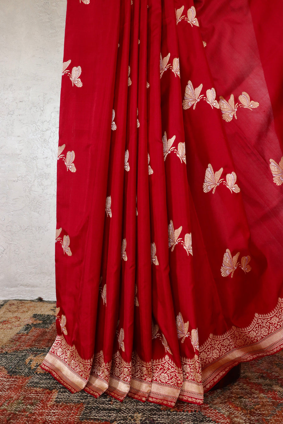 Deep Red Butterfly Motif Pure Silk Handloom Banarasi Saree