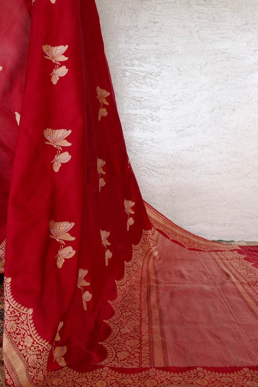 Deep Red Butterfly Motif Pure Silk Handloom Banarasi Saree