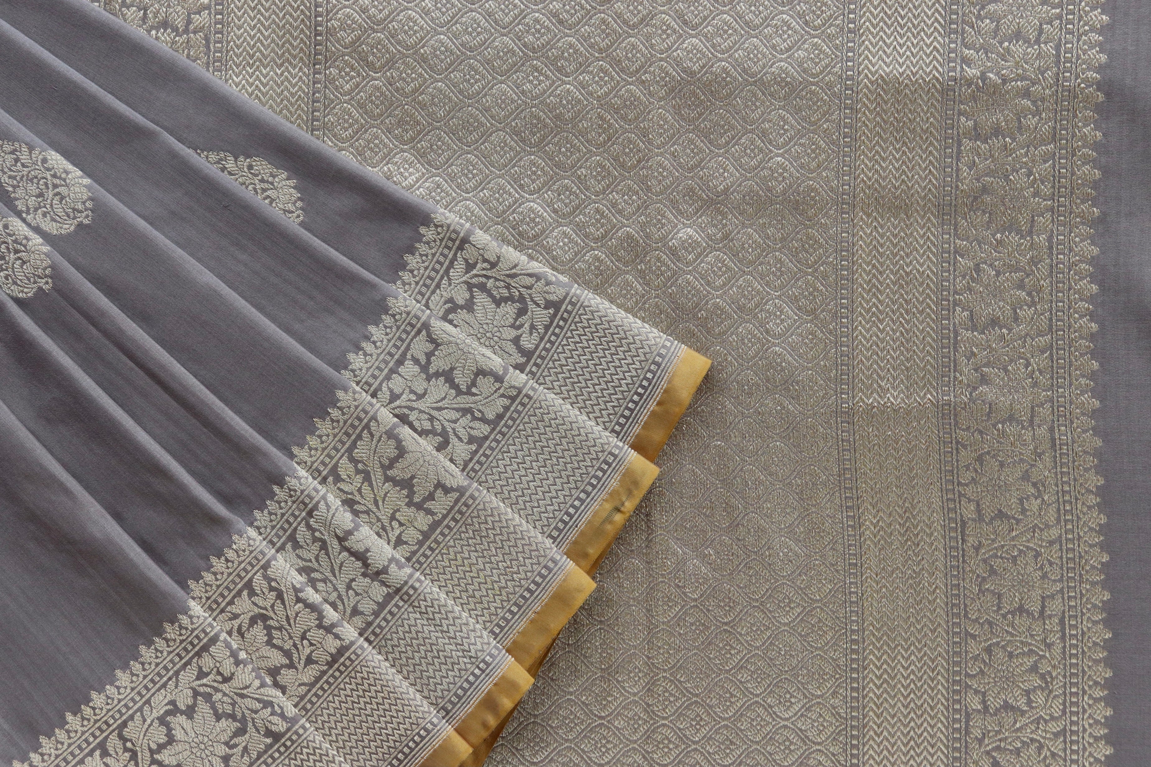 Gray Aisha Motif Pure Silk Handloom Banarasi Saree