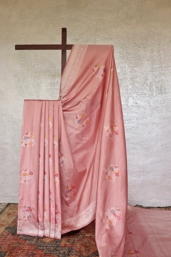 Rose Pink Guldasta Motif Pure Katan Silk Handloom Saree