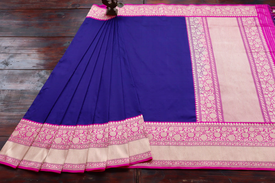 Border close-up on Bright Blue & Pink Kadhua Katan saree