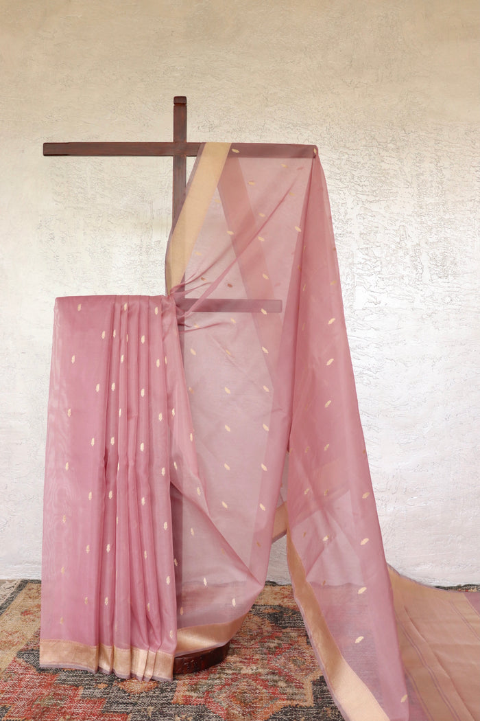 Dusty Rose handloom Banarsi saree with kairy motifs in pure Kora silk