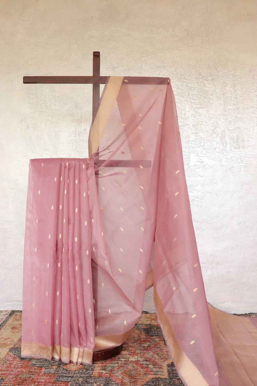 Dusty Rose Kairy Kuniya Pure Kora Silk Handloom Banarasi Saree