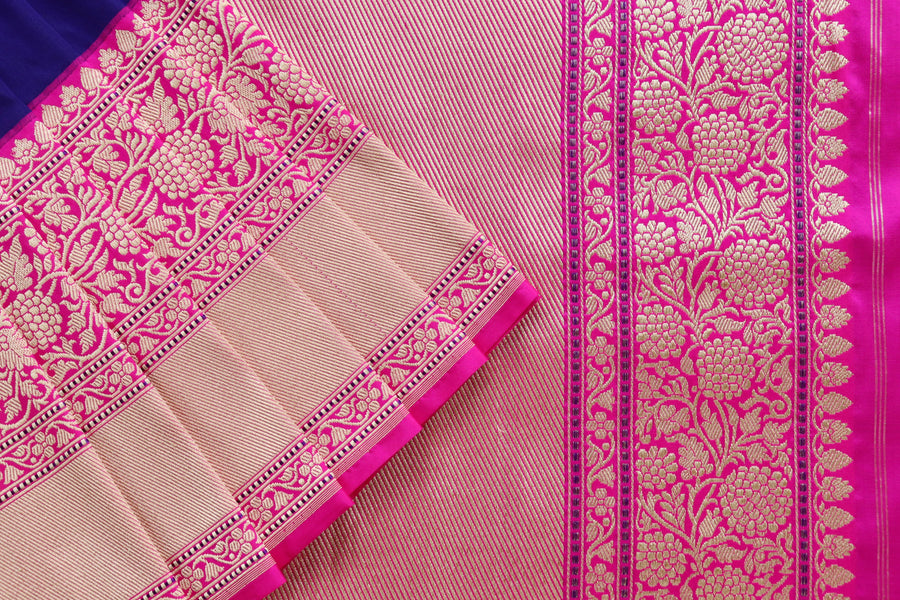 Colour close-up of Bright Blue & Pink Kadhua Katan saree