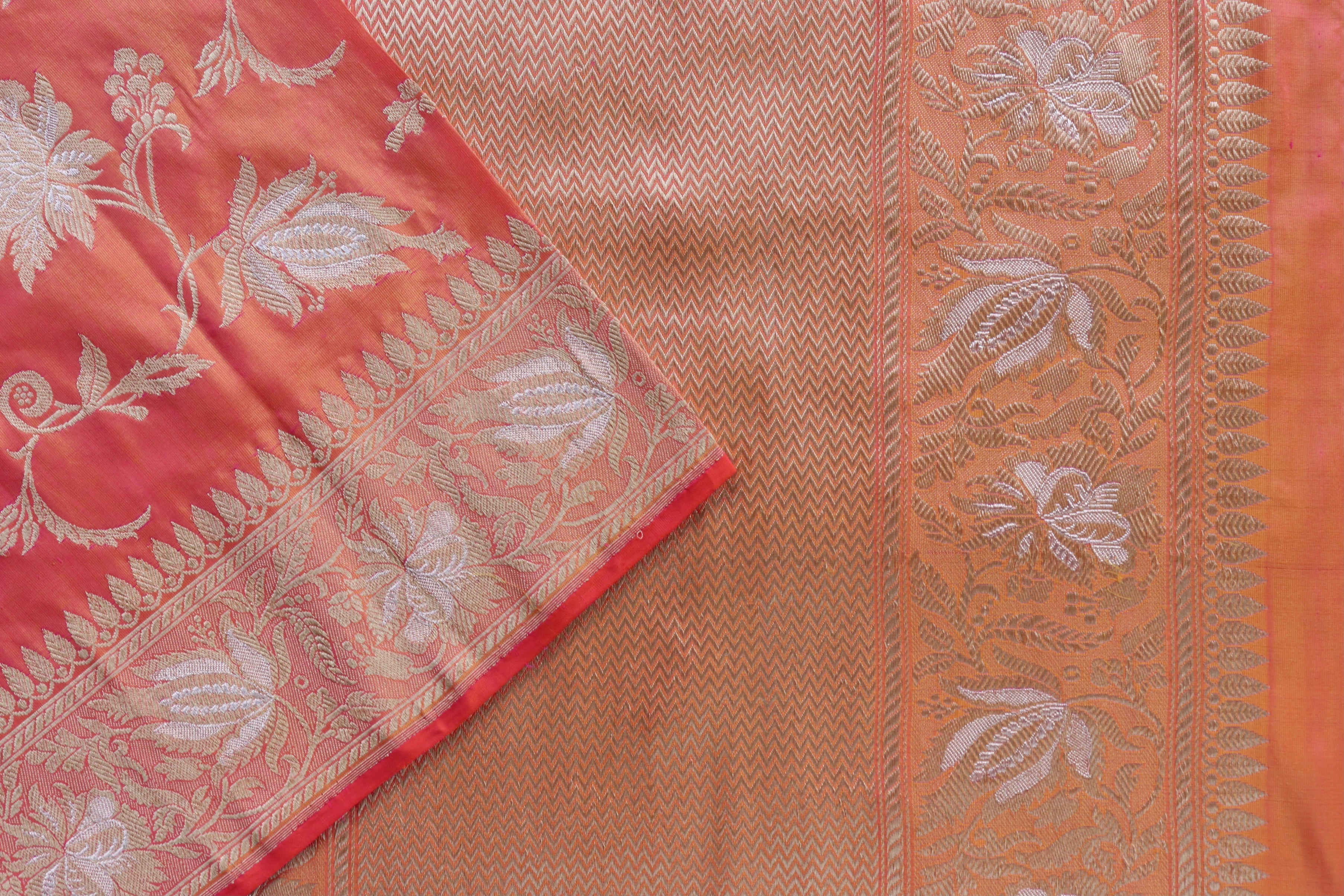 Peach Orange Chinar Jangla Pure Silk Handloom Banarasi Saree