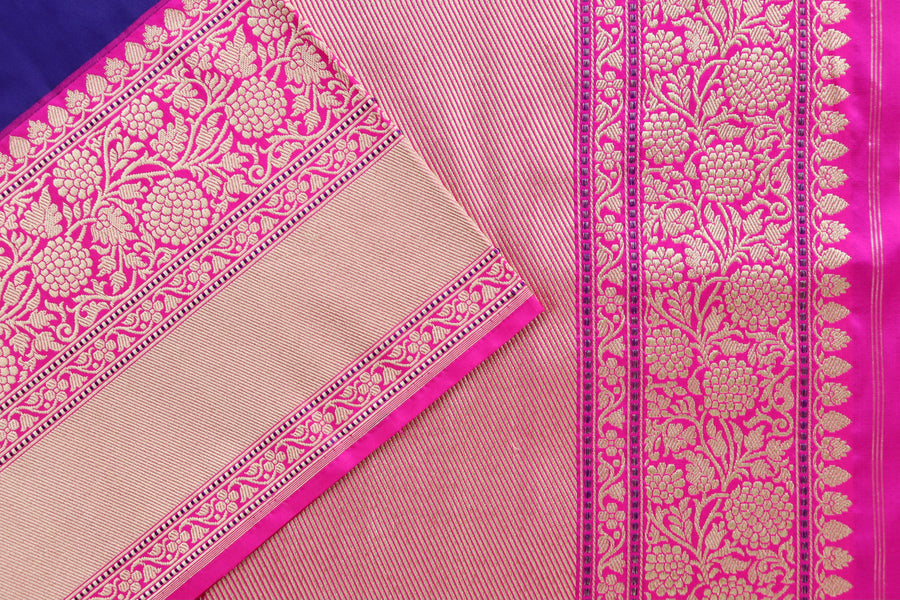 Full drape of Bright Blue & Pink Kadhua pure Katan silk Banarasi saree