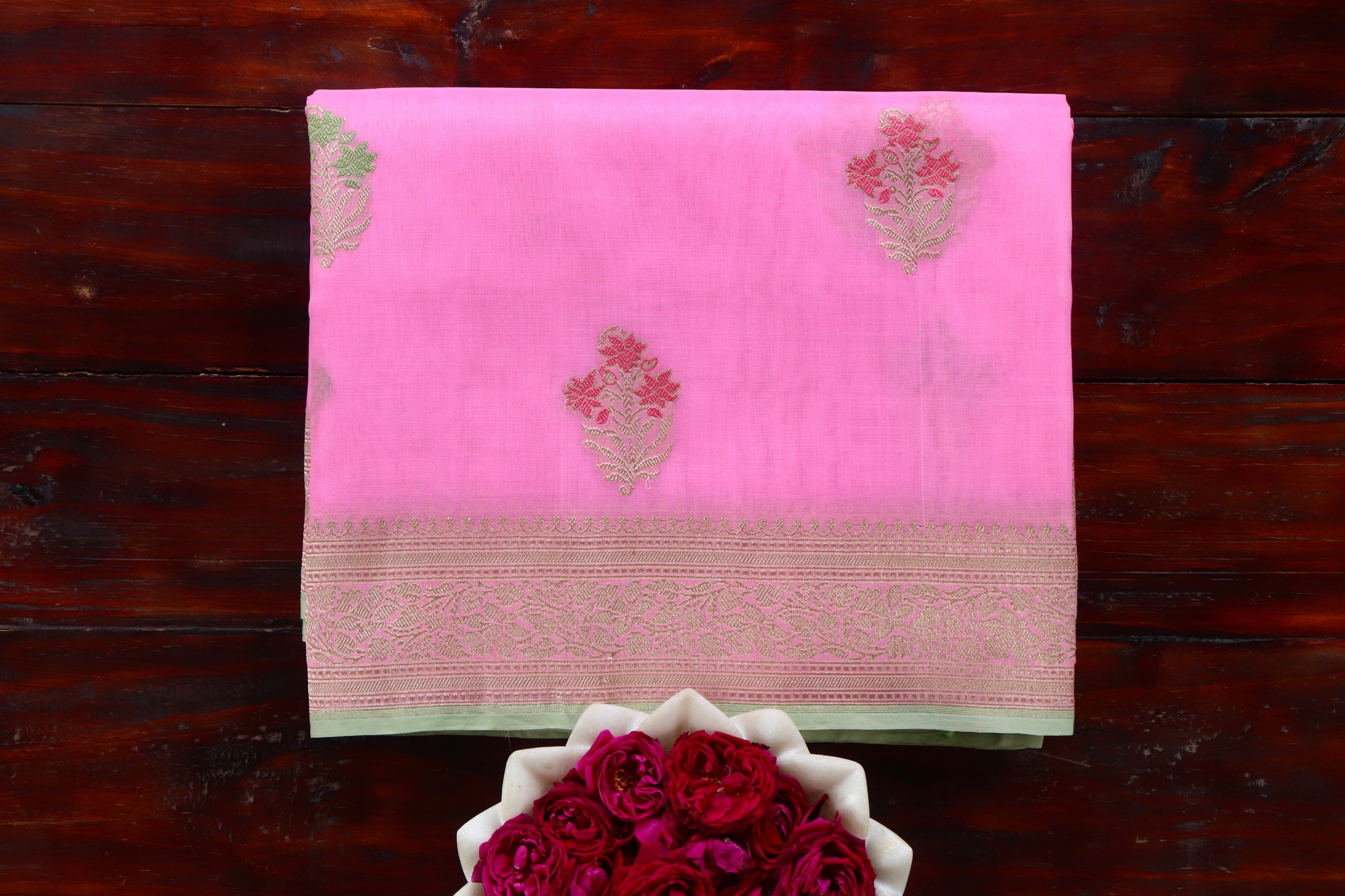 Pink Guldasta Motif Pure Kora Silk Handloom Saree