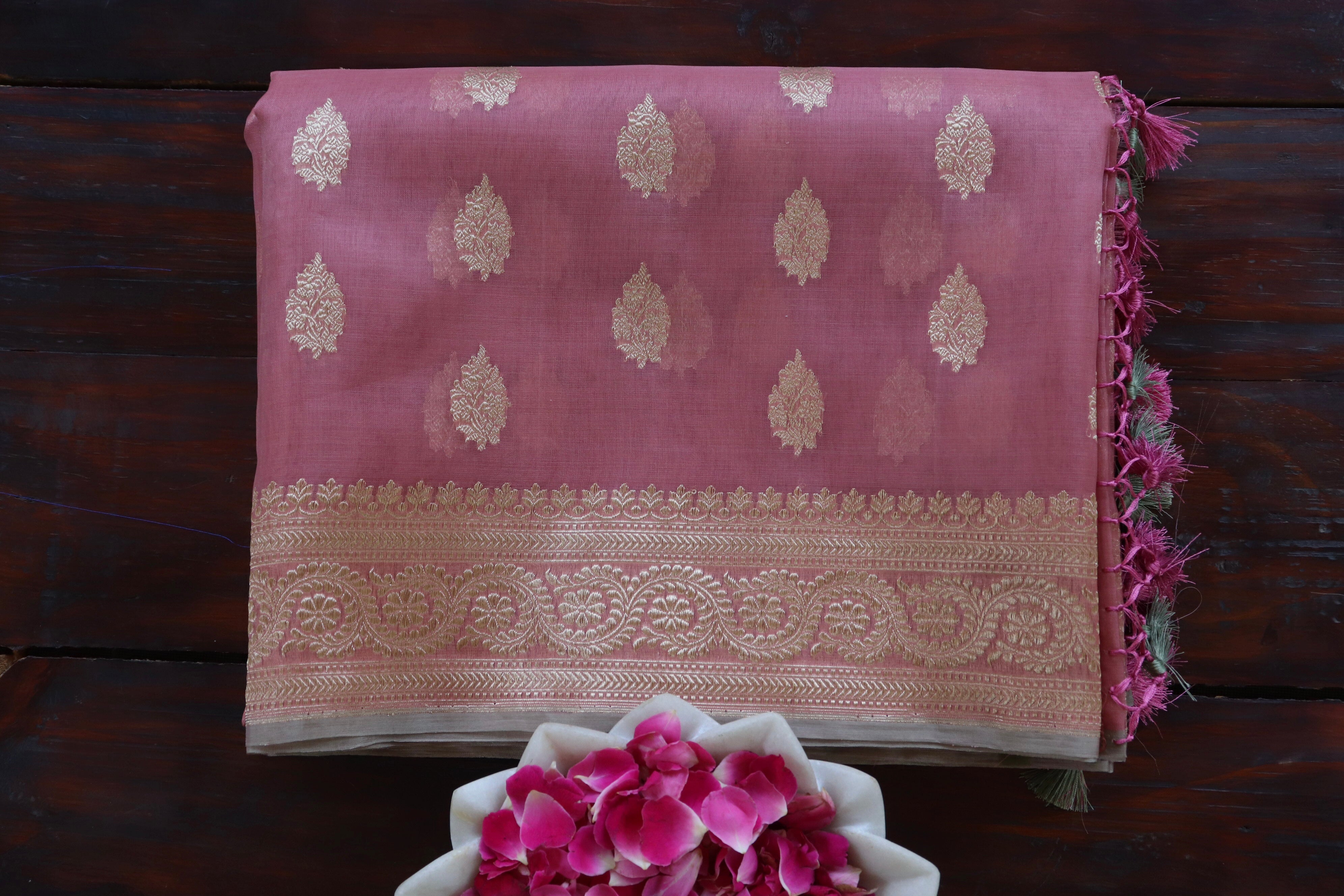Mauve Kadhua Pure Kora Silk Handloom Saree