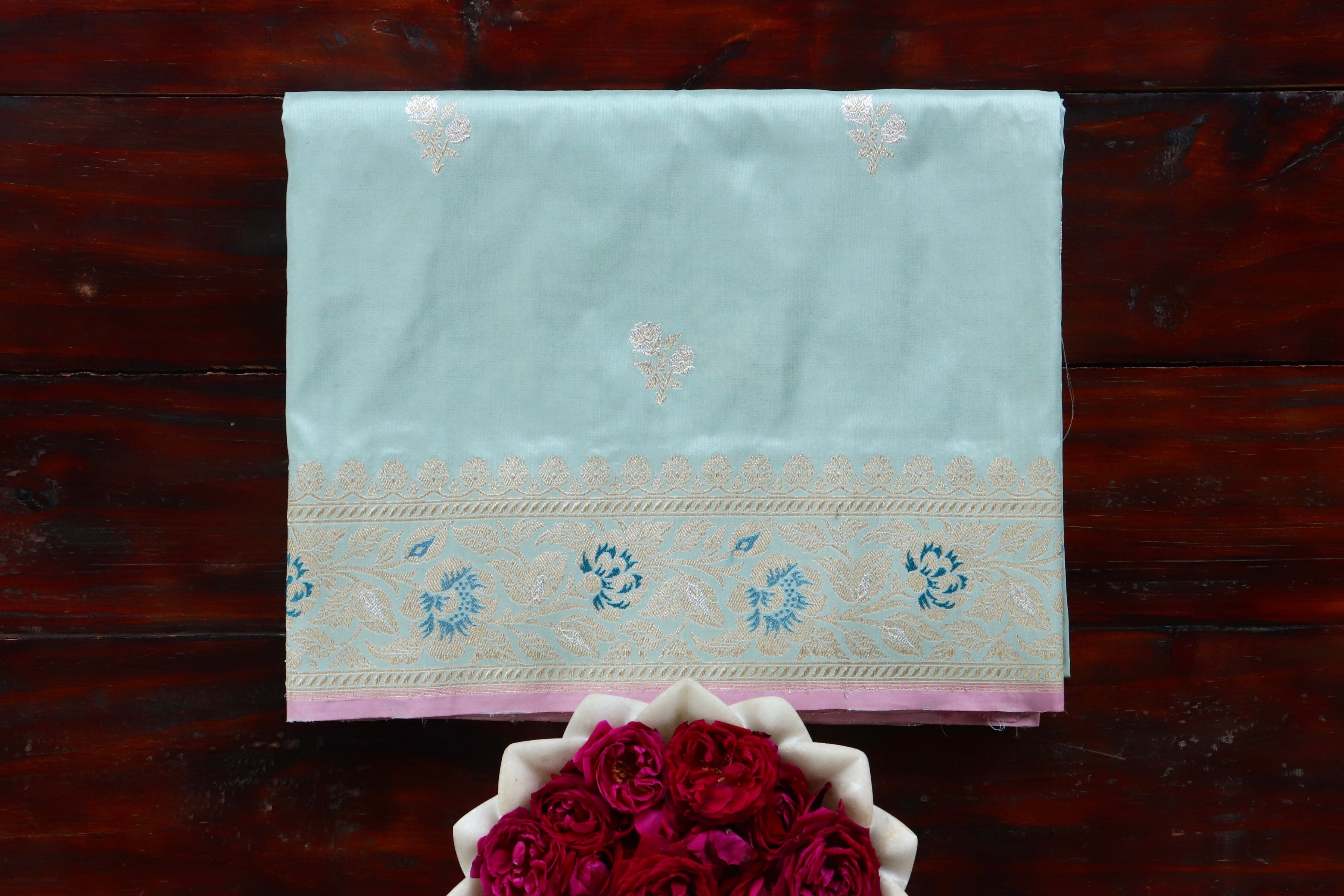 Powder Blue Meenadar Motif Pure Silk Handloom Banarasi Saree