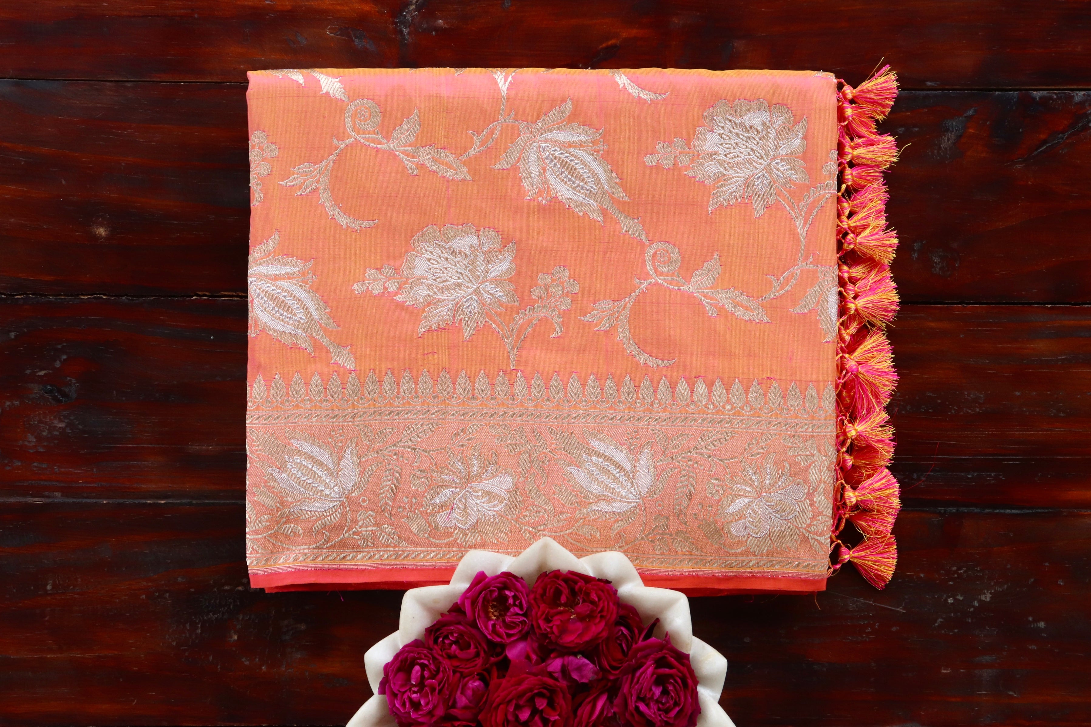 Peach Orange Chinar Jangla Pure Silk Handloom Banarasi Saree