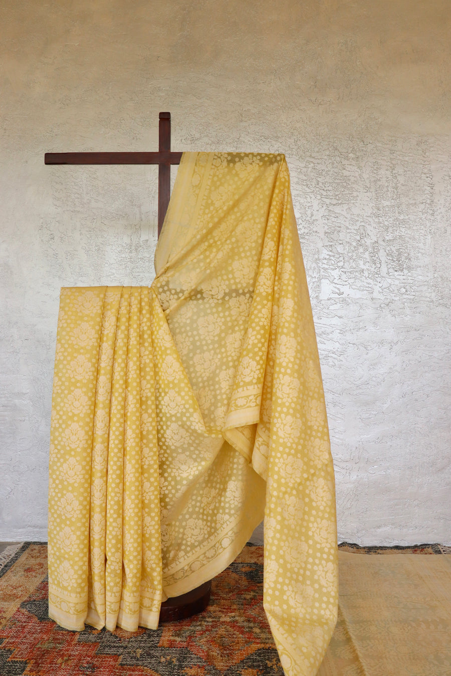 Lime Yellow Cotton Cutwork Banarasi Handloom Saree