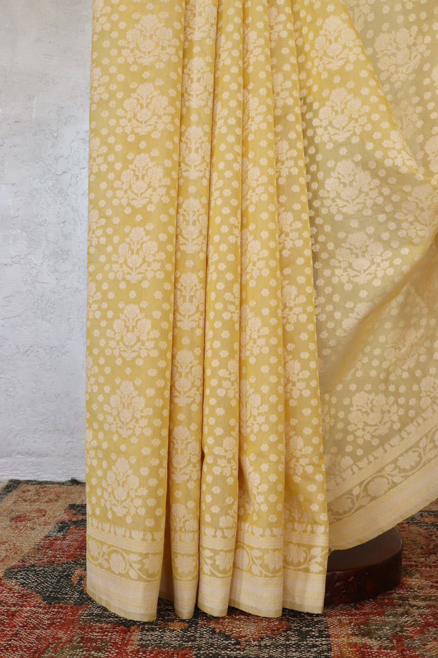 Lime Yellow Cotton Cutwork Banarasi Handloom Saree