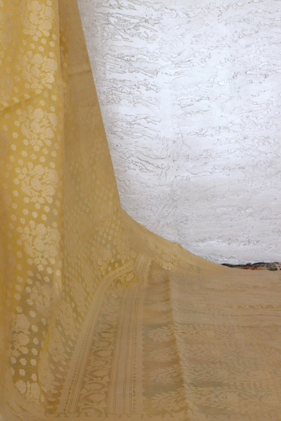 Lime Yellow Cotton Cutwork Banarasi Handloom Saree