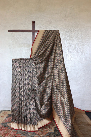 Black handloom Banarsi saree with tanchoi motifs in silk