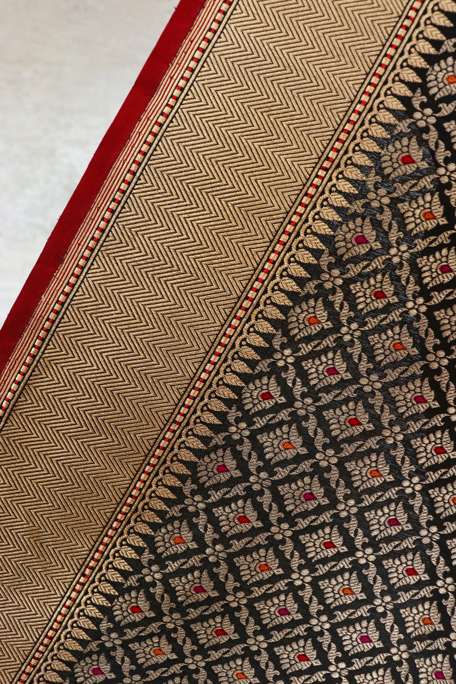 Black Meenadar Handwoven Banarasi Tanchoi Silk Saree