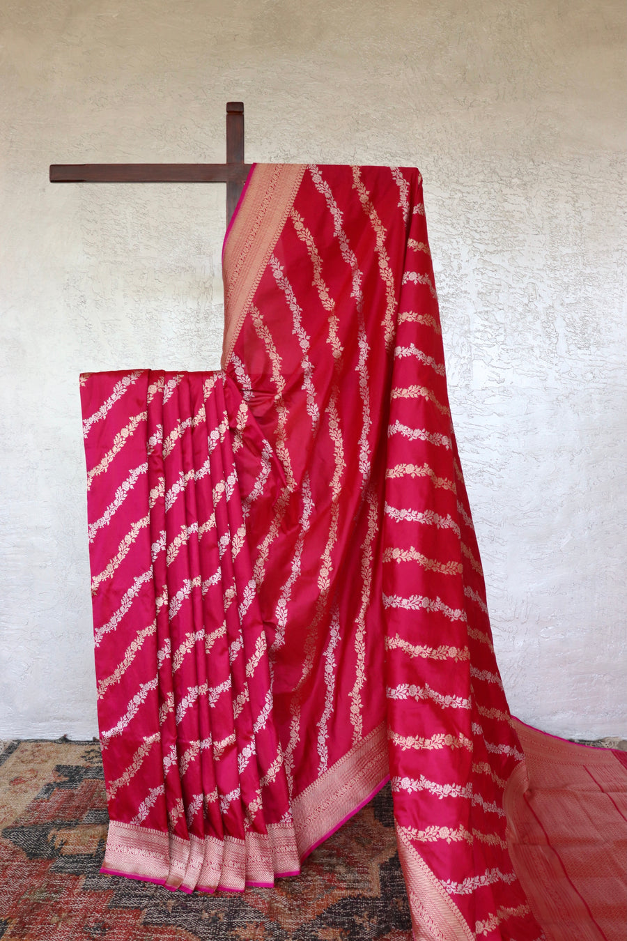 Rani Pink handloom Banarsi saree with jangla motifs in pure Katan silk