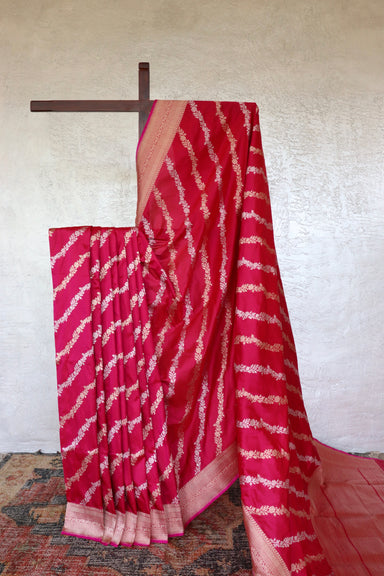 Rani Pink handloom Banarsi saree with jangla motifs in pure Katan silk