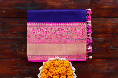 Bright Blue handloom Banarsi saree with kadhua motifs in pure Katan silk