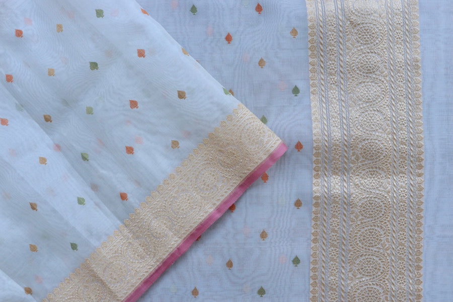 Full drape of White Kadhua pure Kora silk Banarasi saree