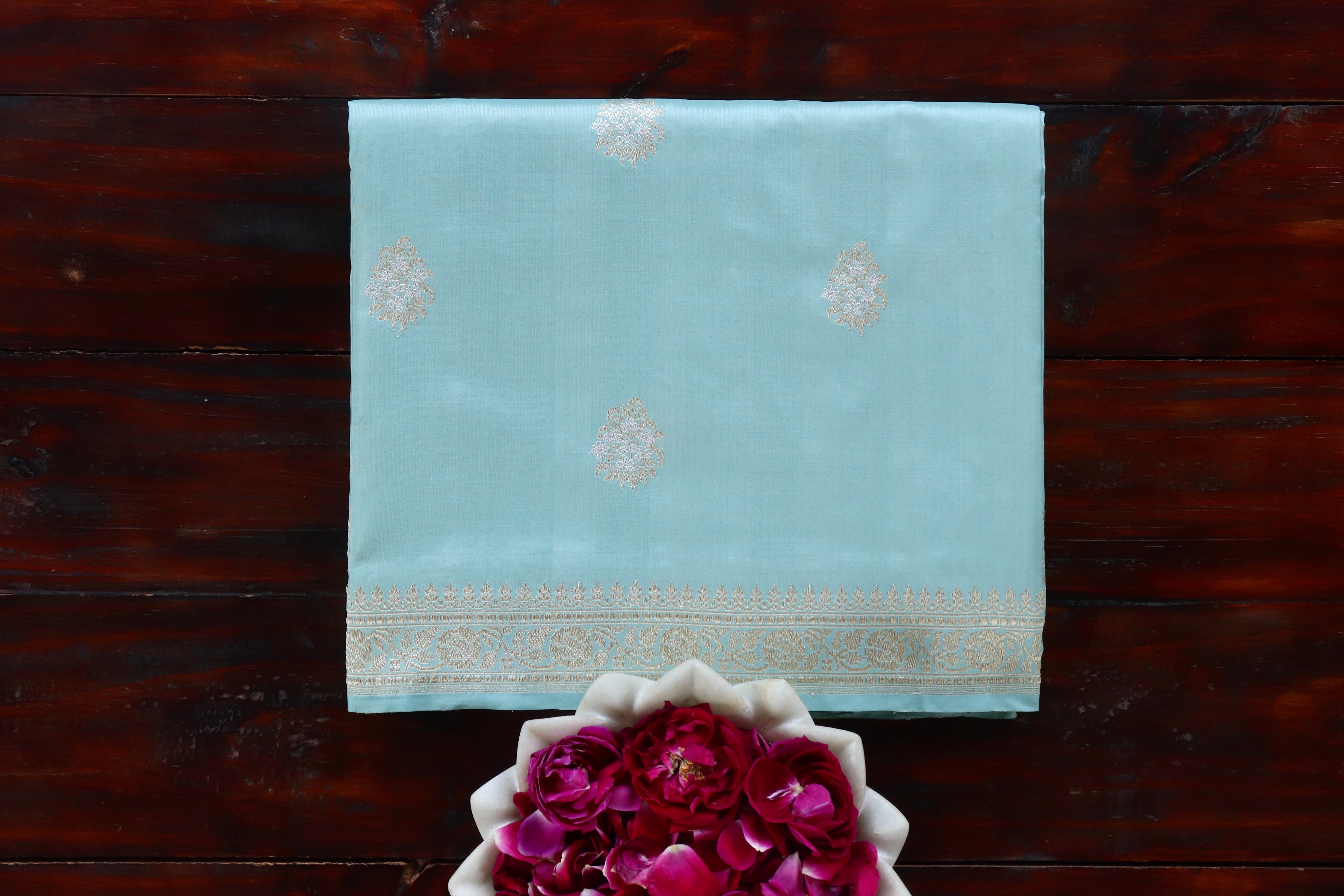 Powder Blue Sona Rupa Kadhua Motif Pure Silk Banarasi Saree