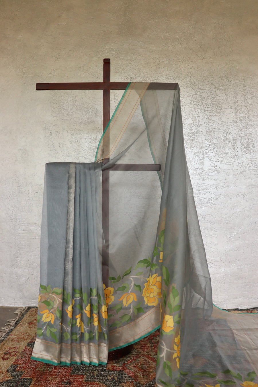 Grey handloom Banarsi saree in pure Kora silk