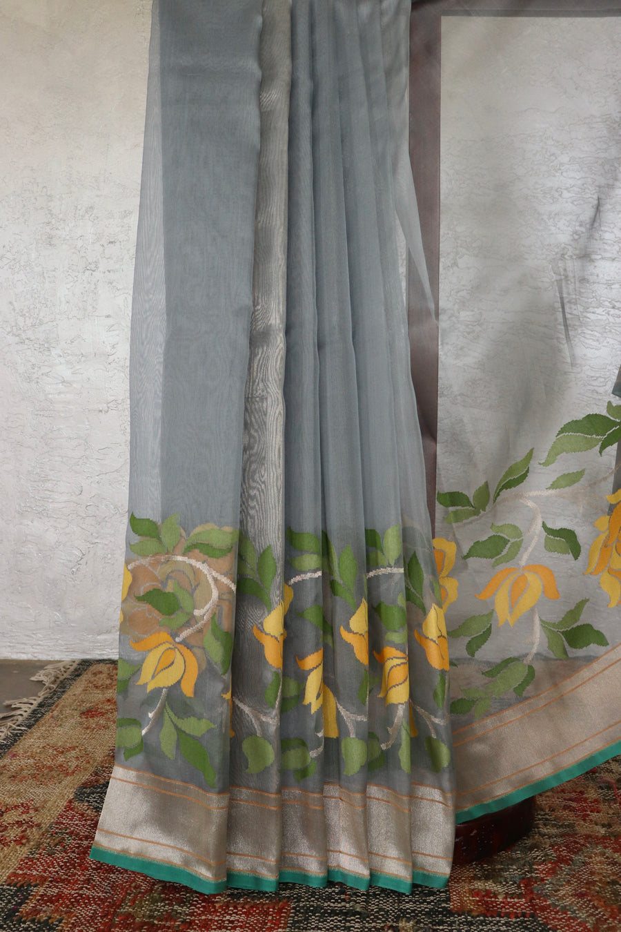 Grey With Yellow Flowers Pure Kora Silk Handloom Banarasi Saree