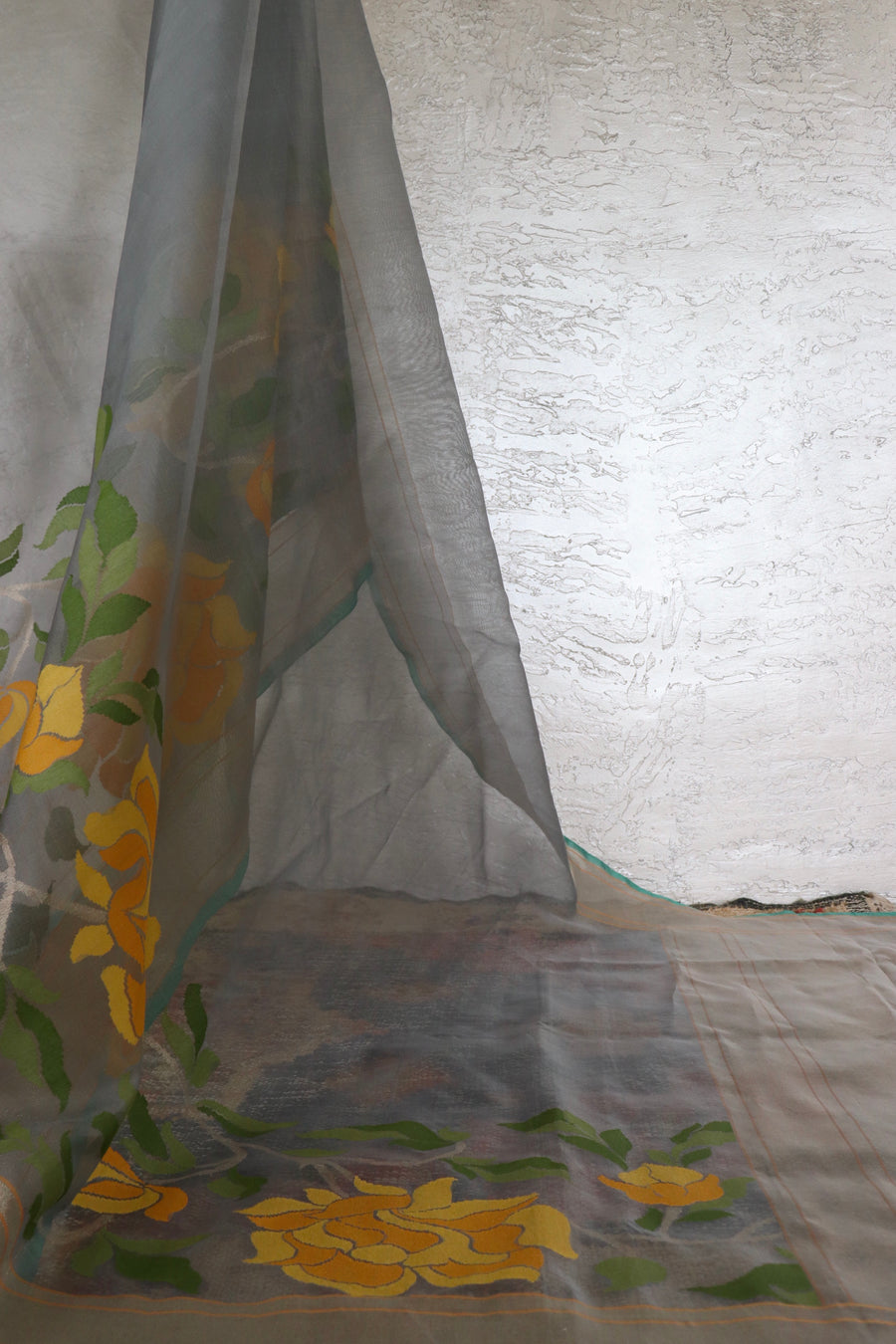 Grey With Yellow Flowers Pure Kora Silk Handloom Banarasi Saree