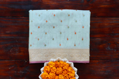 Light Green handloom Banarsi saree with kadhua motifs in pure Kora silk
