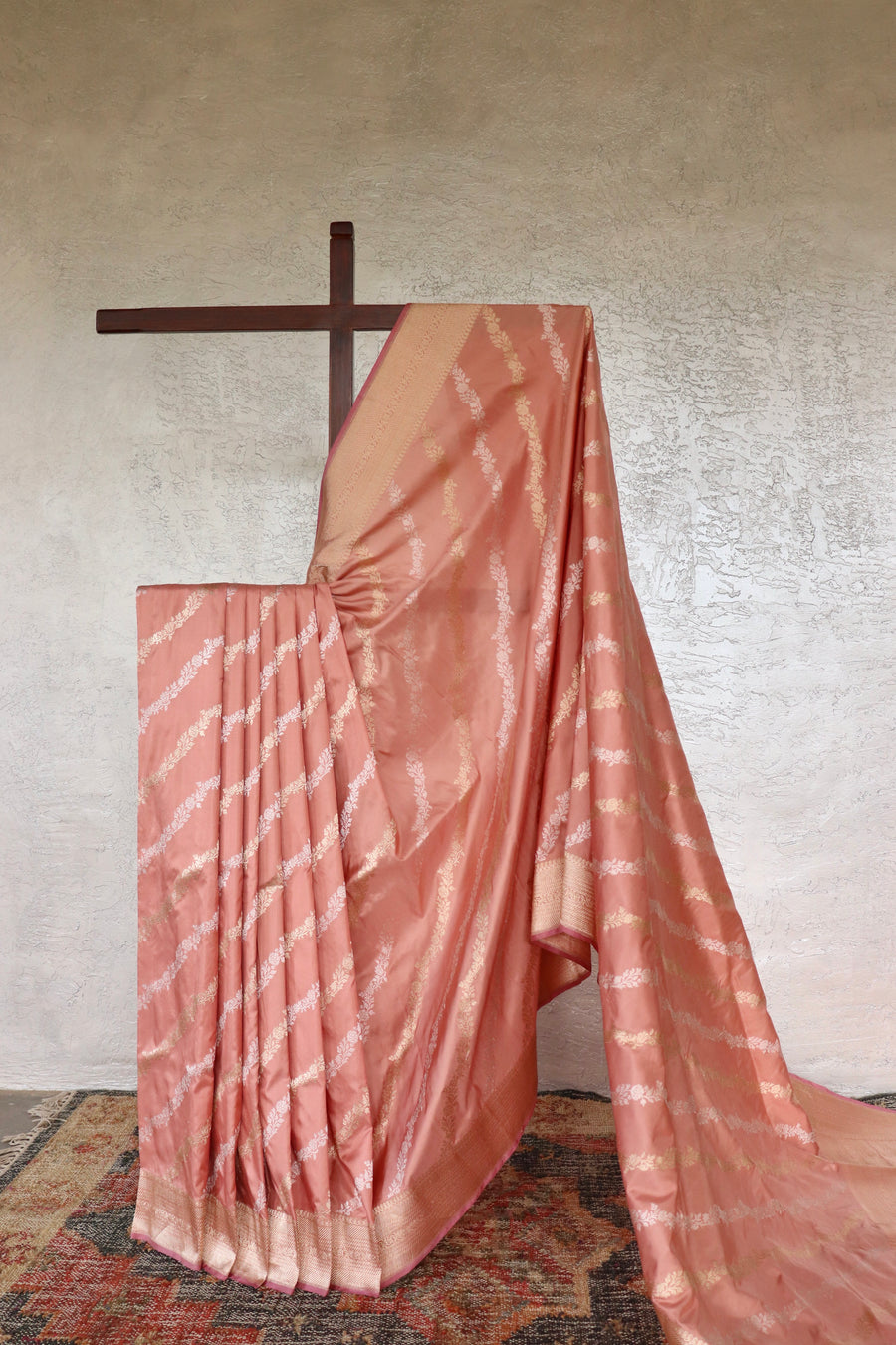 Salmon Pink handloom Banarsi saree with jangla motifs in pure Katan silk