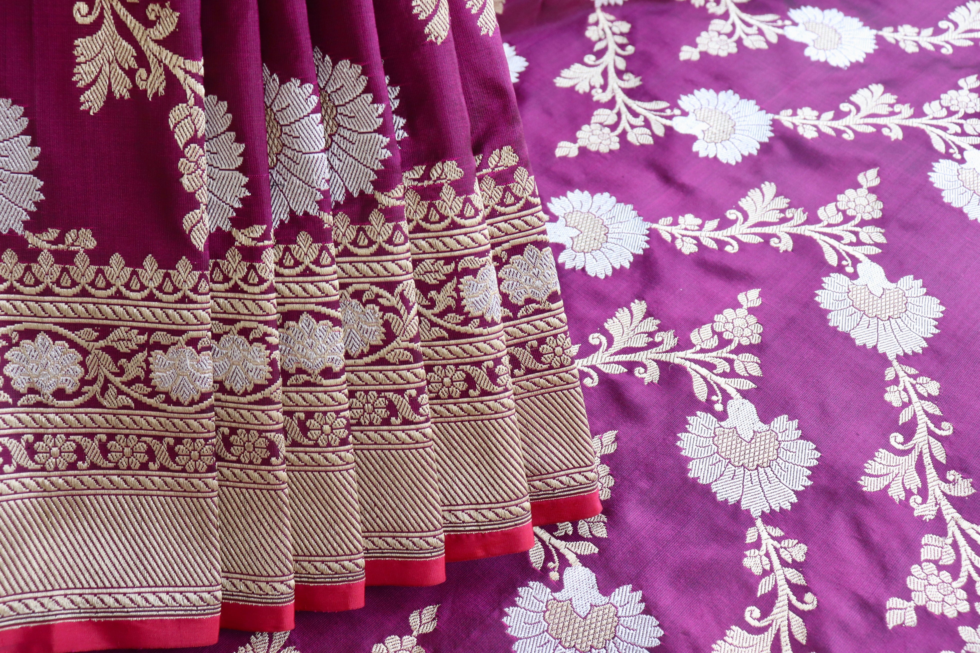 Purple Zig Zag Jangla Pure Silk Handloom Banarasi Saree
