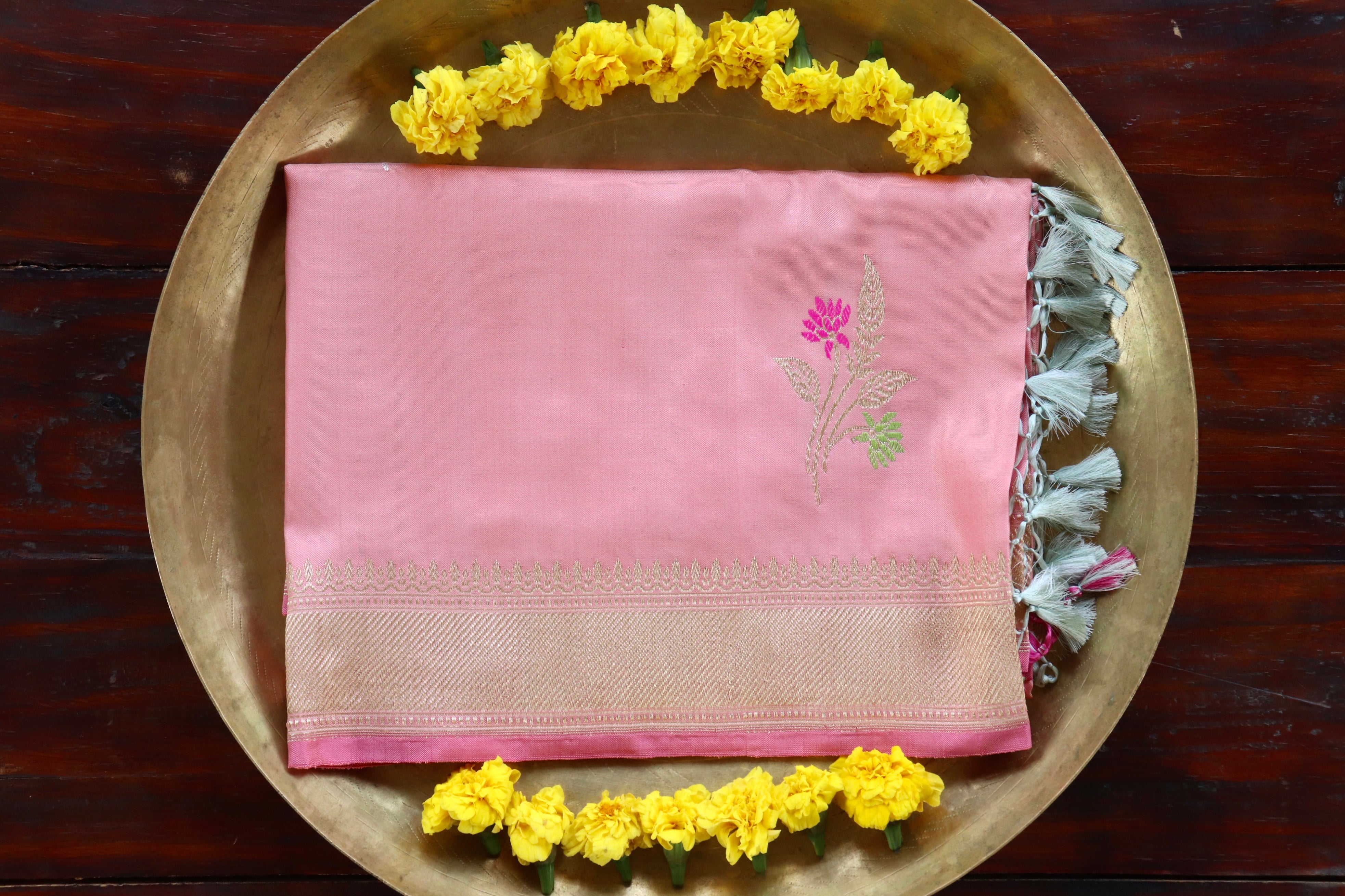 Flamingo Pink  Leaf Motif Pure Silk Handloom Banarasi Dupatta