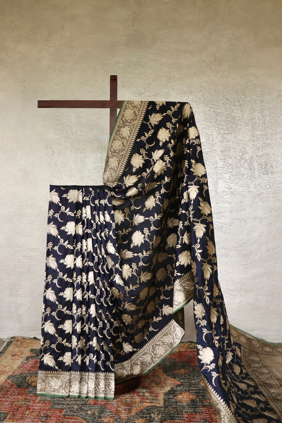 Midnight Blue Chinar Jangla Pure Silk Handloom Banarasi Saree