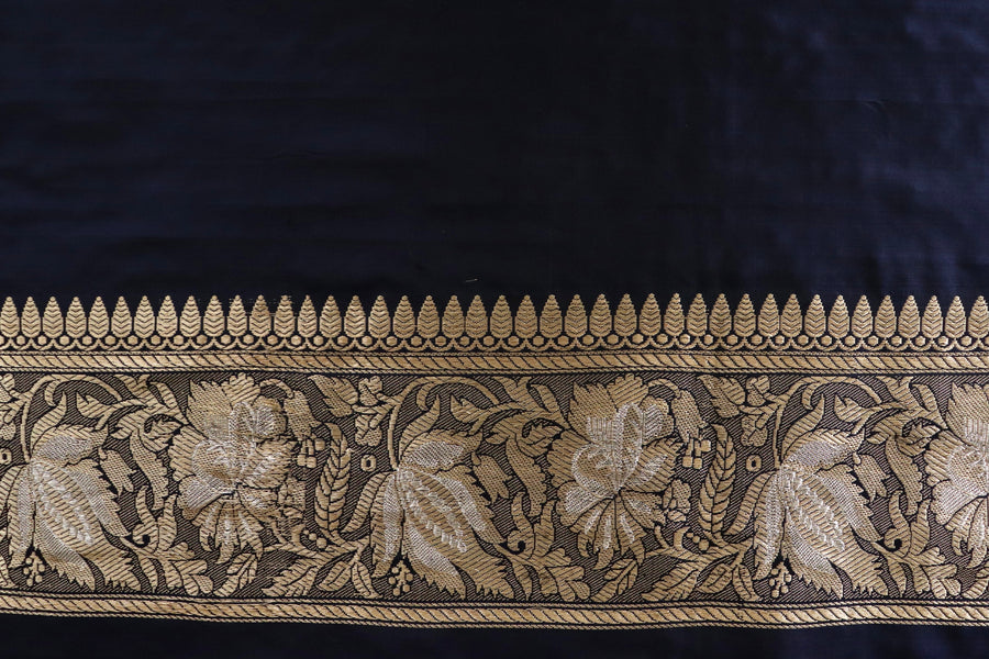 Midnight Blue Chinar Jangla Pure Silk Handloom Banarasi Saree