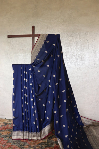 Navy Blue handloom Banarsi saree with leaf motifs in silk