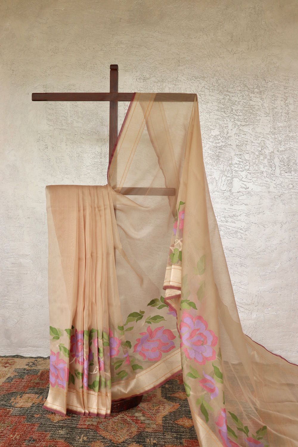 Beige Pure Kora Silk Handloom Banarasi Saree