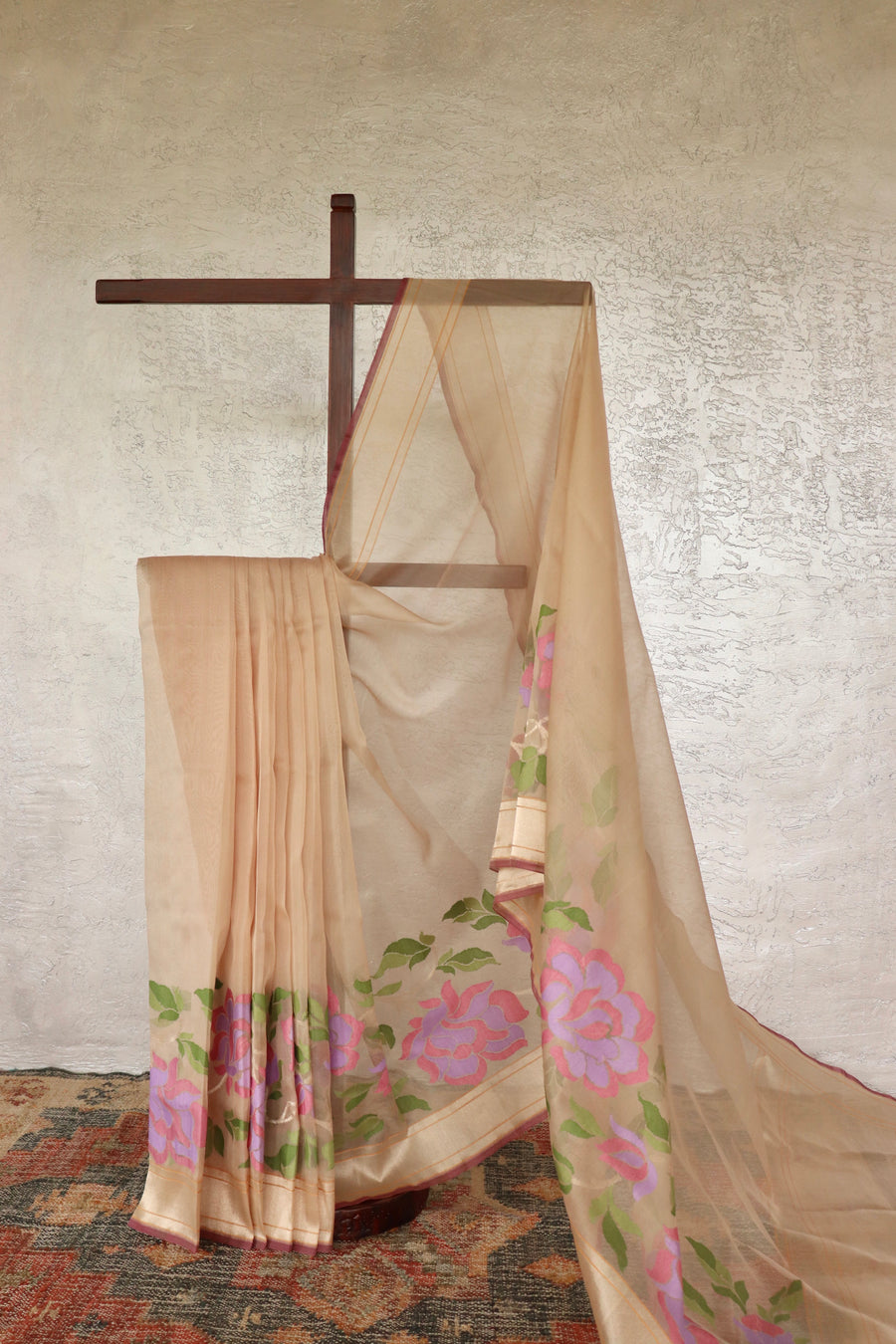 Beige Pure Kora Silk Handloom Banarasi Saree