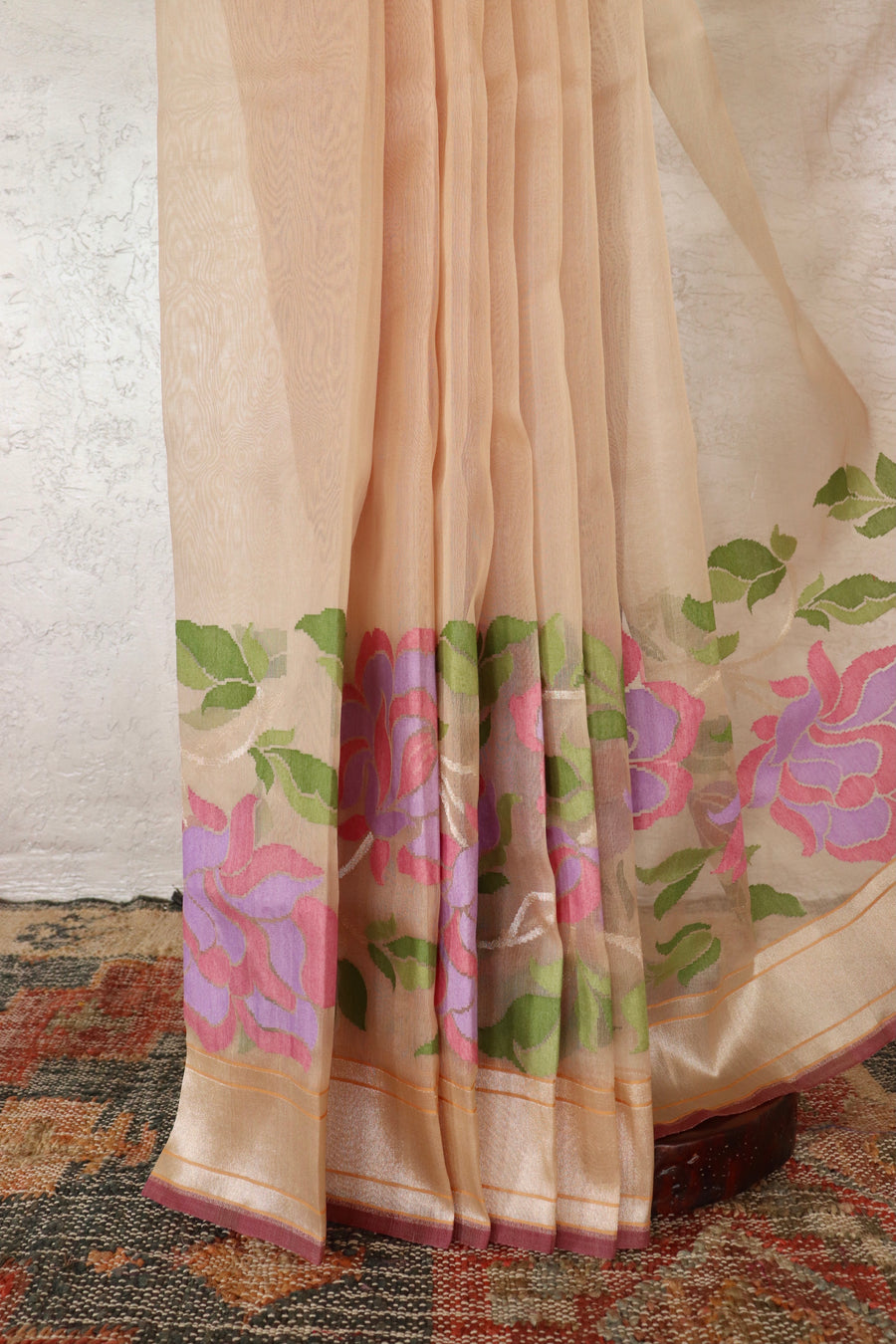 Beige Pure Kora Silk Handloom Banarasi Saree