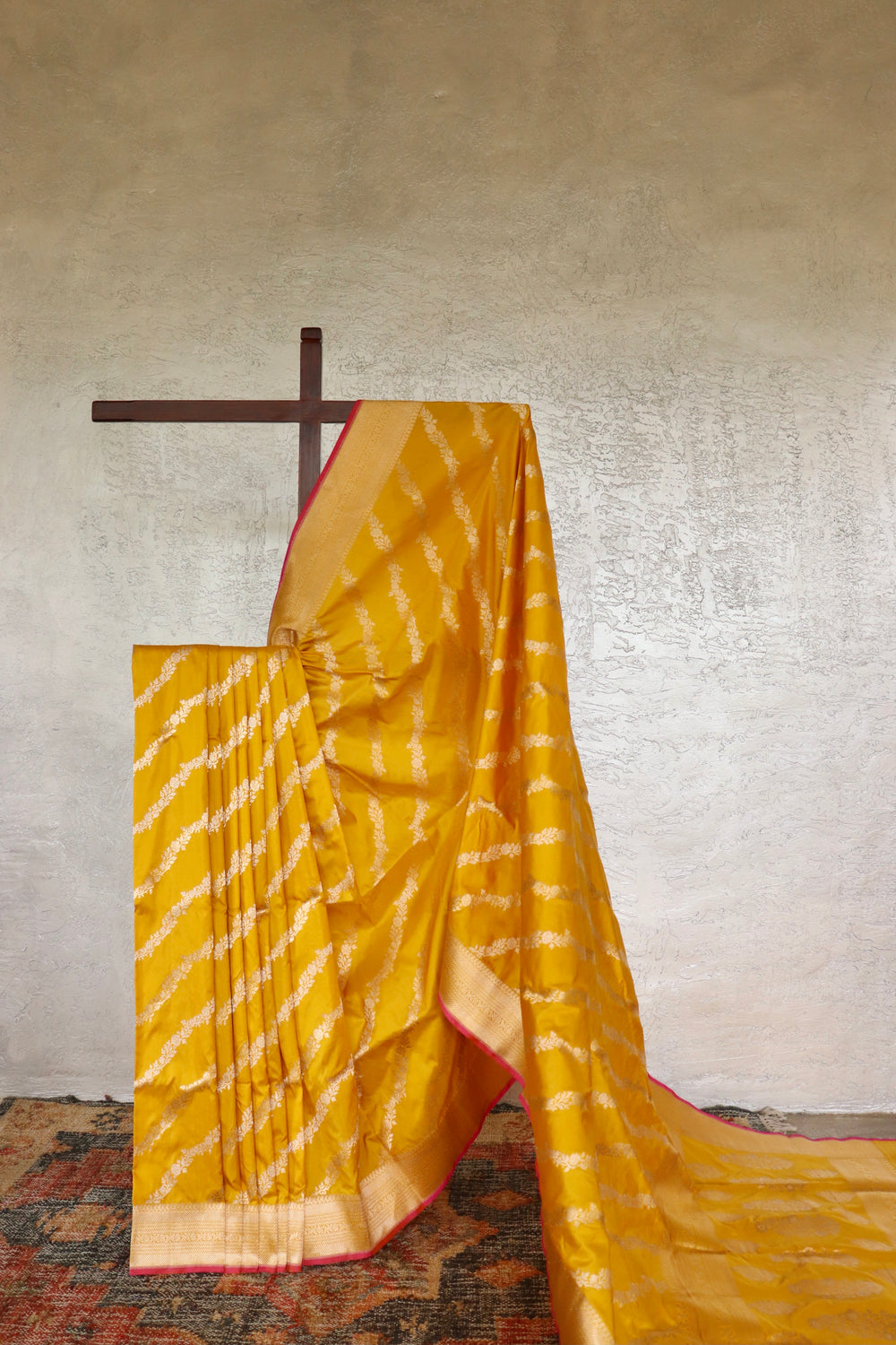 Yellow handloom Banarsi saree with jangla motifs in pure Katan silk
