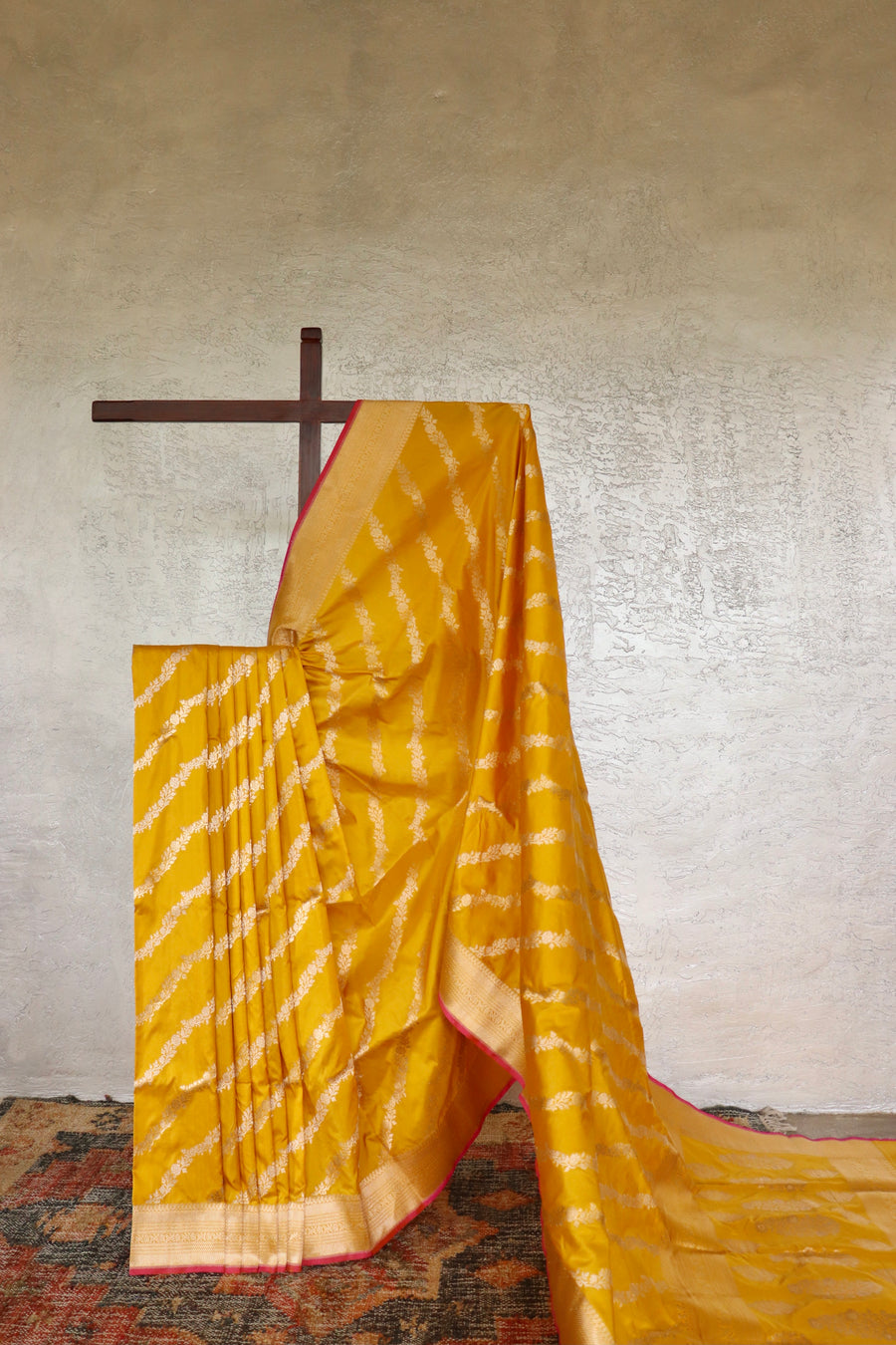 Yellow handloom Banarsi saree with jangla motifs in pure Katan silk