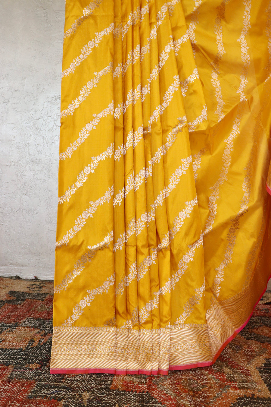 Yellow Aada Jangla Pure Katan Silk Banarasi Saree