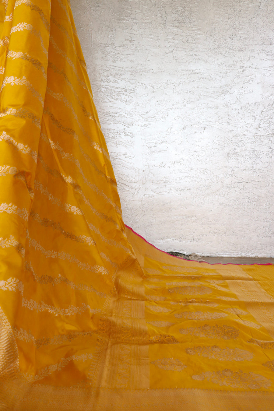 Yellow Aada Jangla Pure Katan Silk Banarasi Saree
