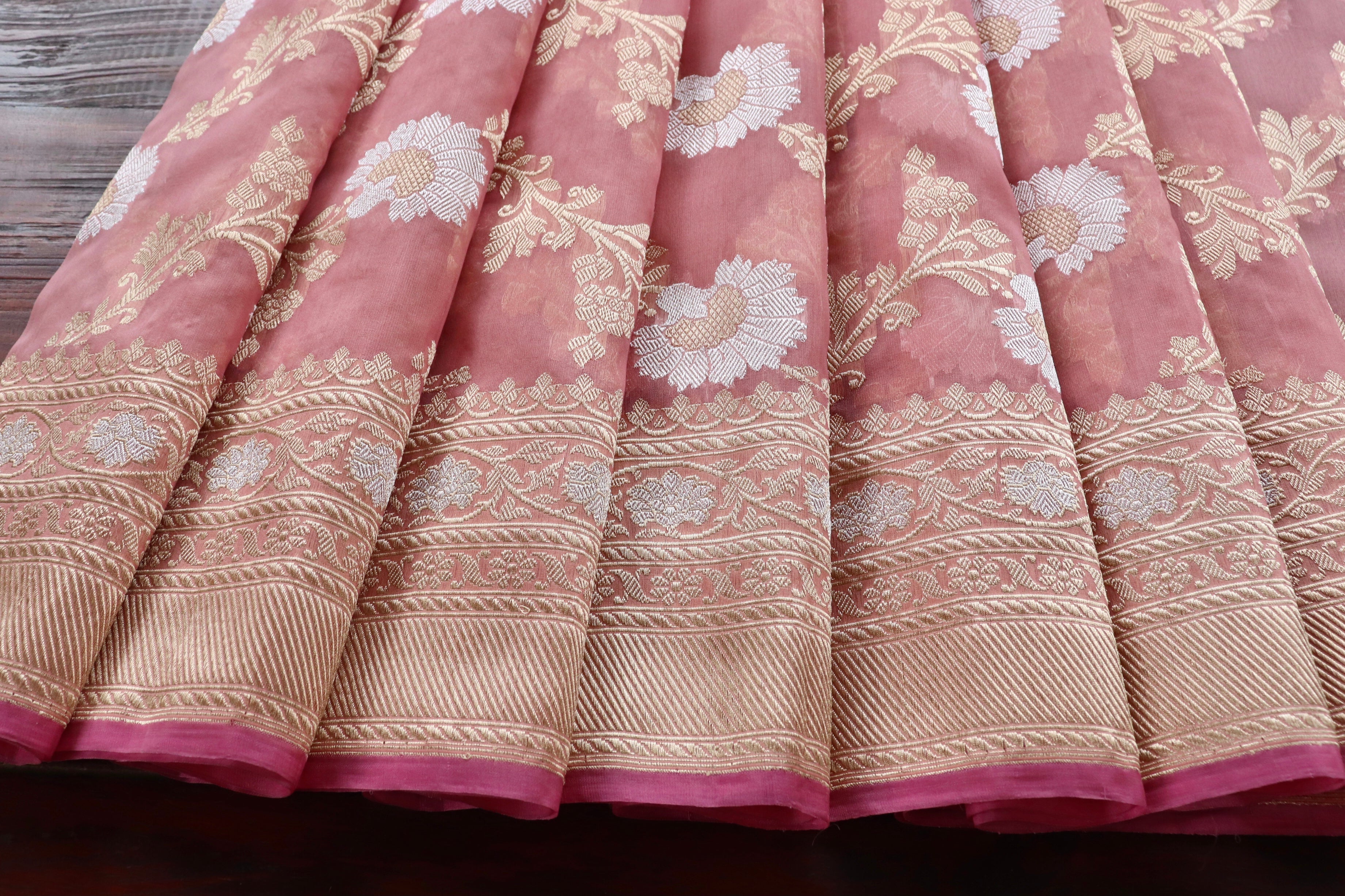 Coral Zig Zag Jangla Pure Silk Handloom Banarasi Saree