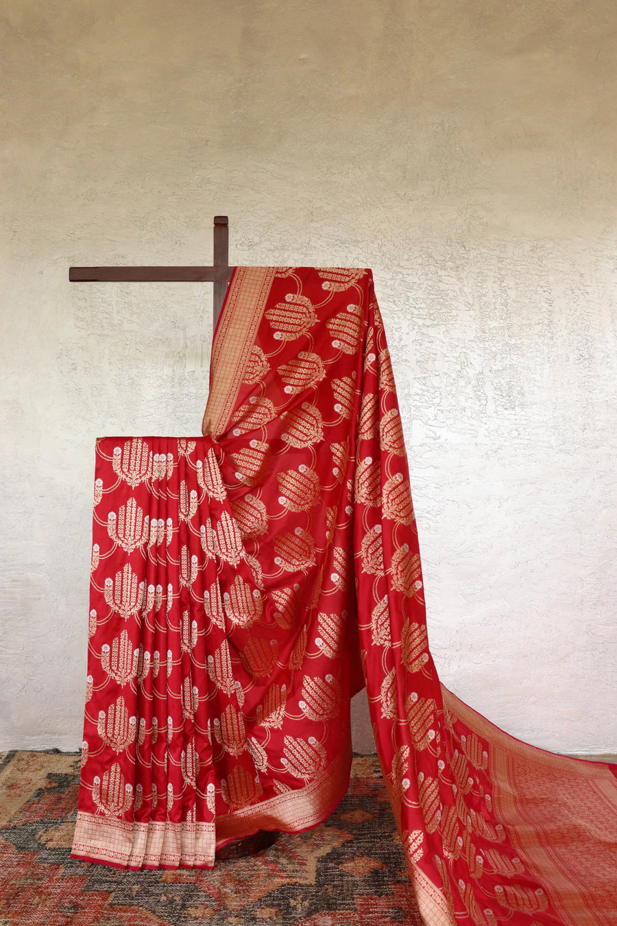 Red handloom Banarsi saree with jangla motifs in pure silk