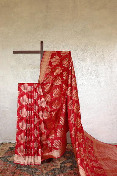 Red handloom Banarsi saree with jangla motifs in pure silk