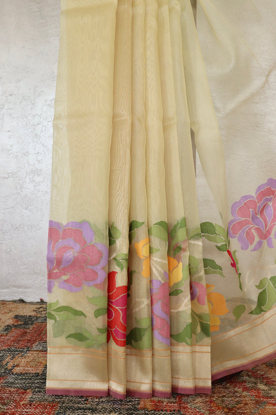 Beige Pure Kora Silk Handloom Banarasi Saree