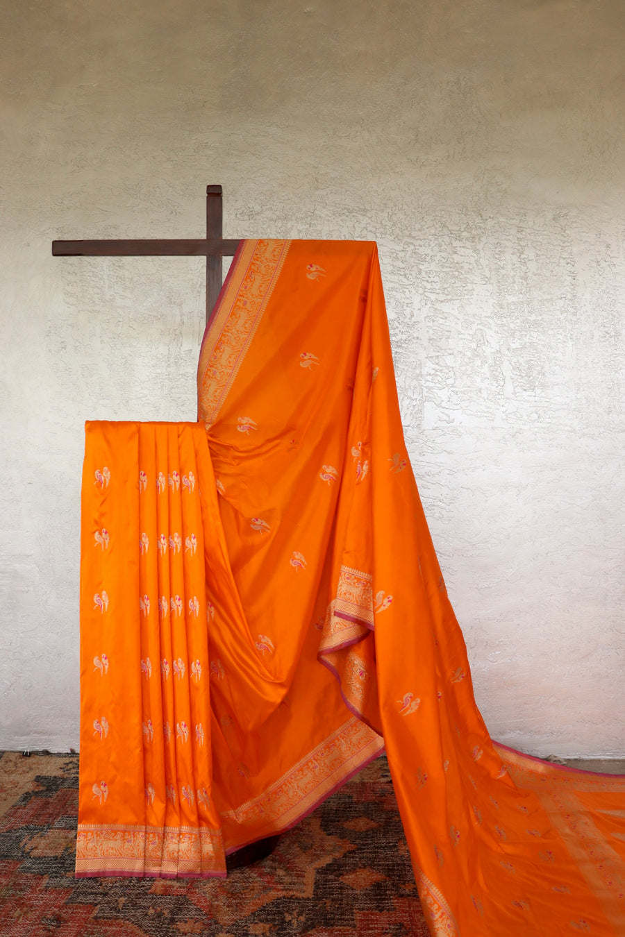 Orange Bird Motif Kadhua Pure Silk Handloom Banarasi Saree