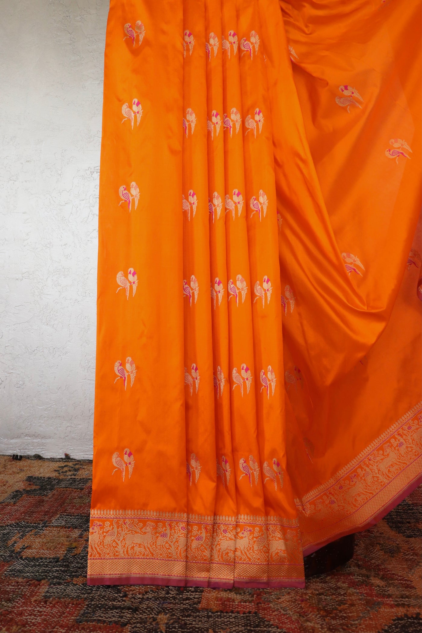 Orange Bird Motif Kadhua Pure Silk Handloom Banarasi Saree